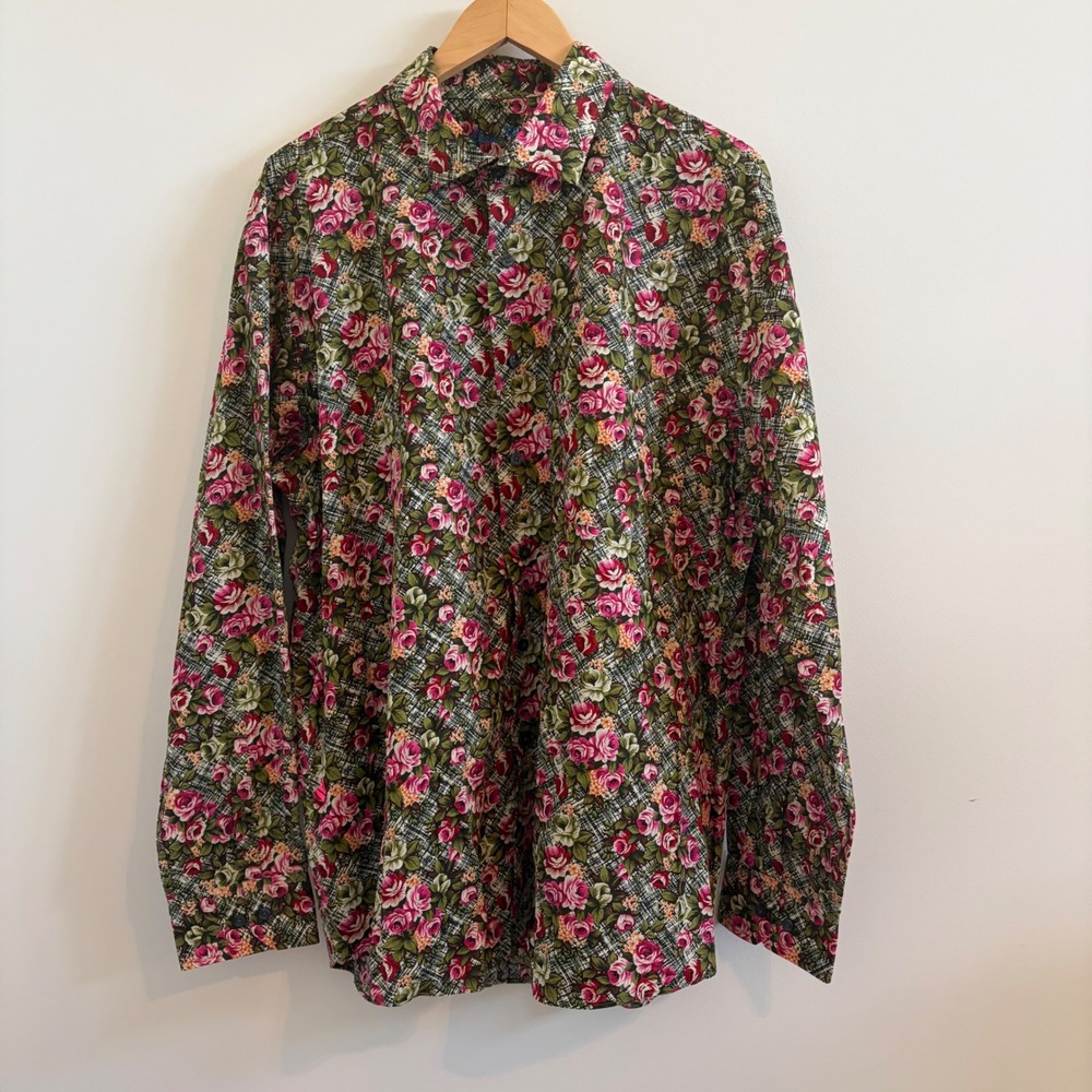 Alan Flusser Mens XXL Floral Rose Print Cotton Long Sleeve Button Down Shirt